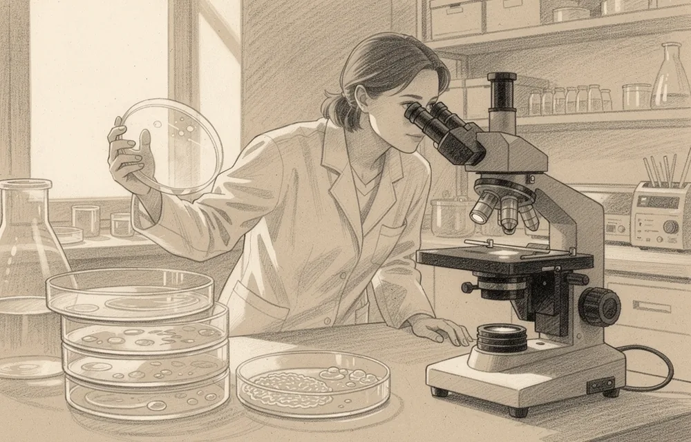 Two technicians examine culture dishes beside an inverted microscope