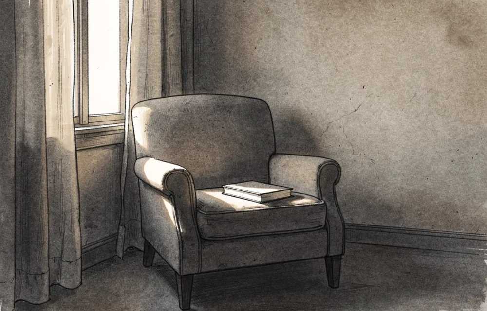 An unoccupied armchair and partly drawn curtains in an evening room