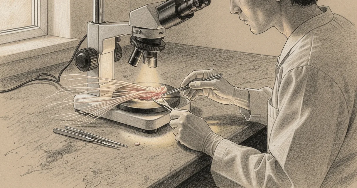 A technician separates pale muscle fibres with forceps beneath a stereomicroscope