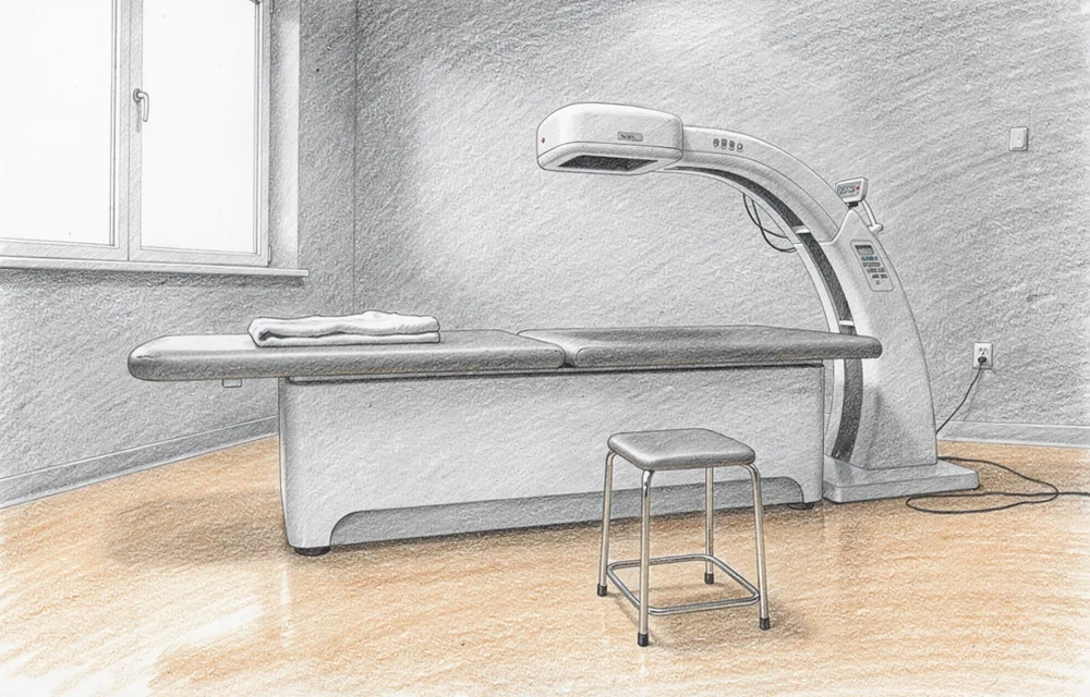 An empty body-composition scanning table in a softly lit testing room